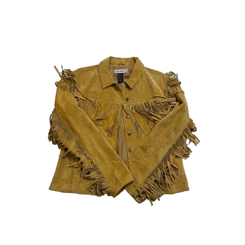 Vintage A.M.I. Women’s Suede Leather Fringe Western Jacket Size 14 Tan / Brown